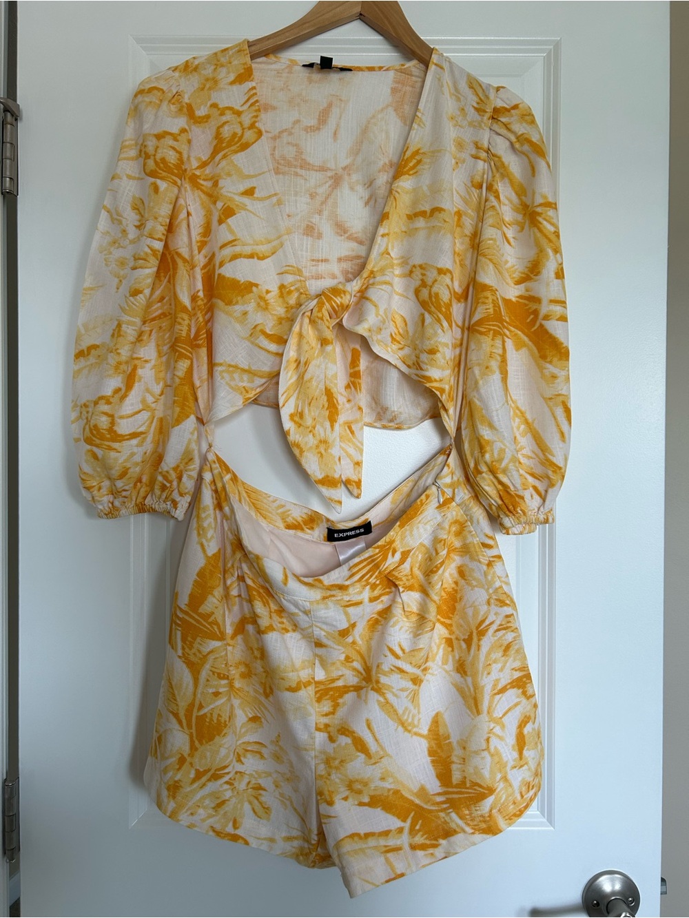 Express Yellow and Cream Floral Cutout Jumpsuit Romper